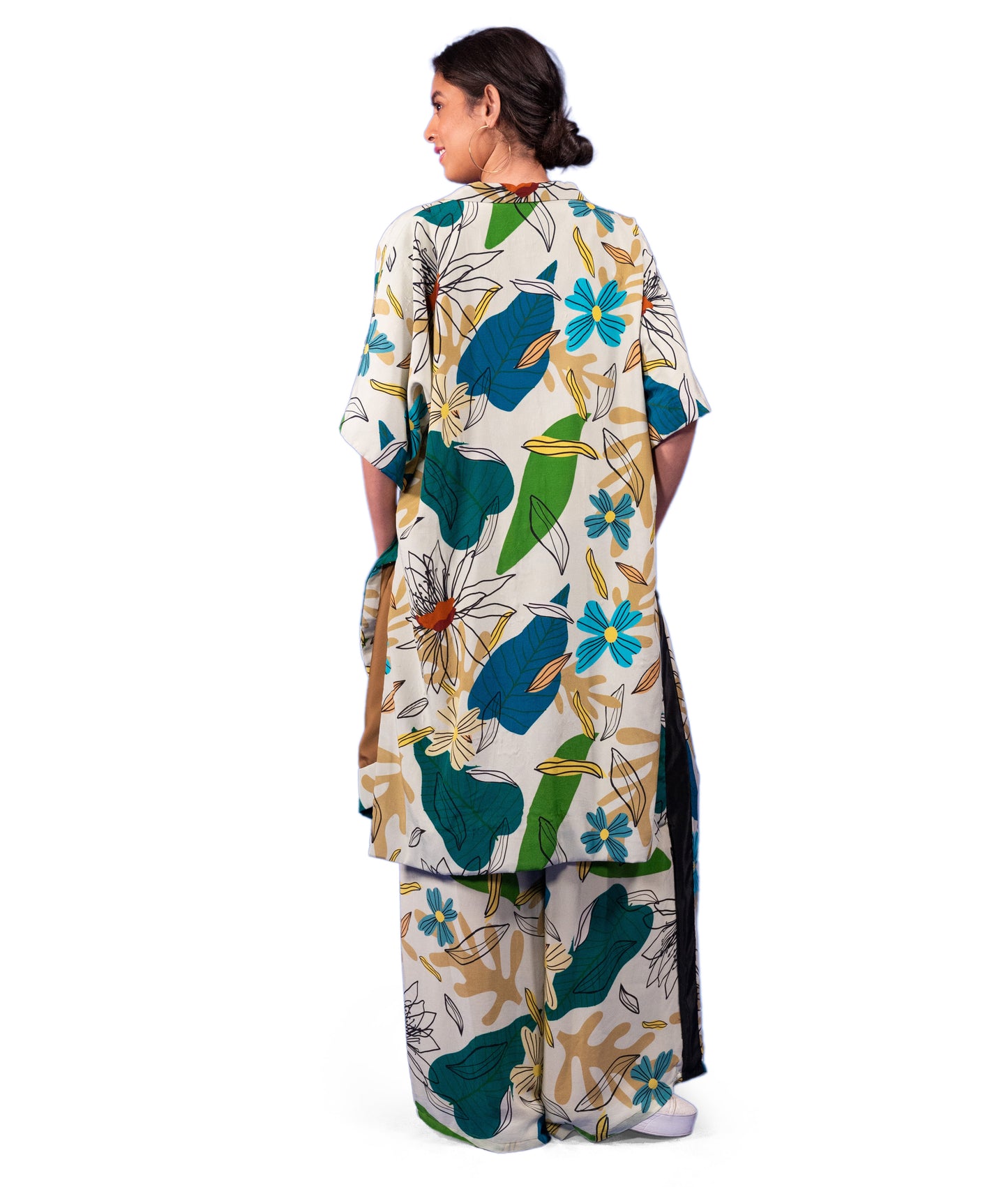 ABSTRACT GEOMETRIC FLORAL PRINTED LONG JACKET AND TROUSERS COORD SET