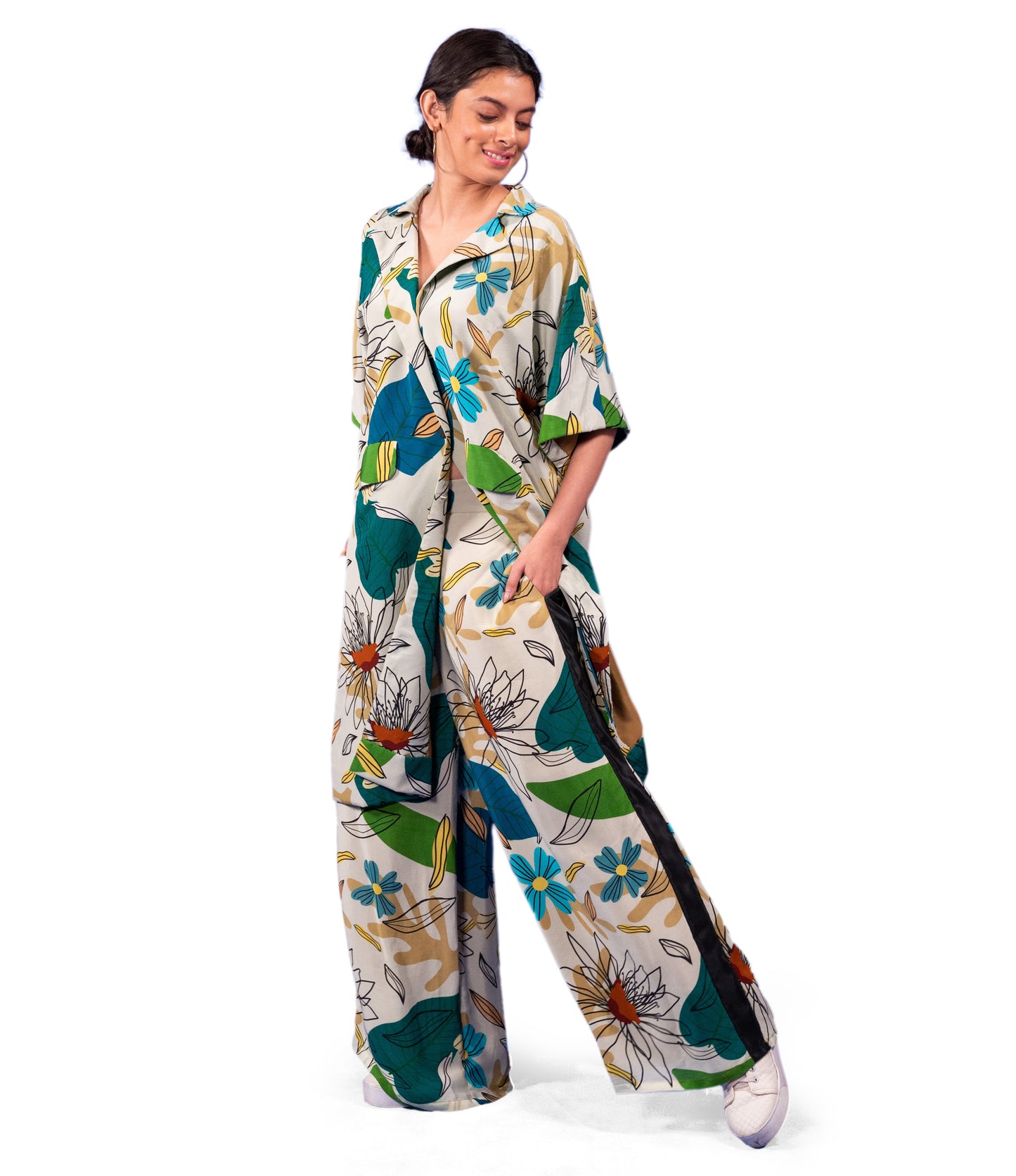 ABSTRACT GEOMETRIC FLORAL PRINTED LONG JACKET AND TROUSERS COORD SET