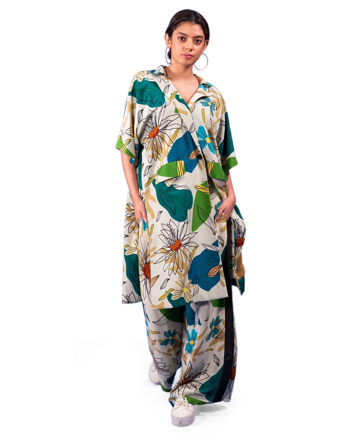 ABSTRACT GEOMETRIC FLORAL PRINTED LONG JACKET AND TROUSERS COORD SET