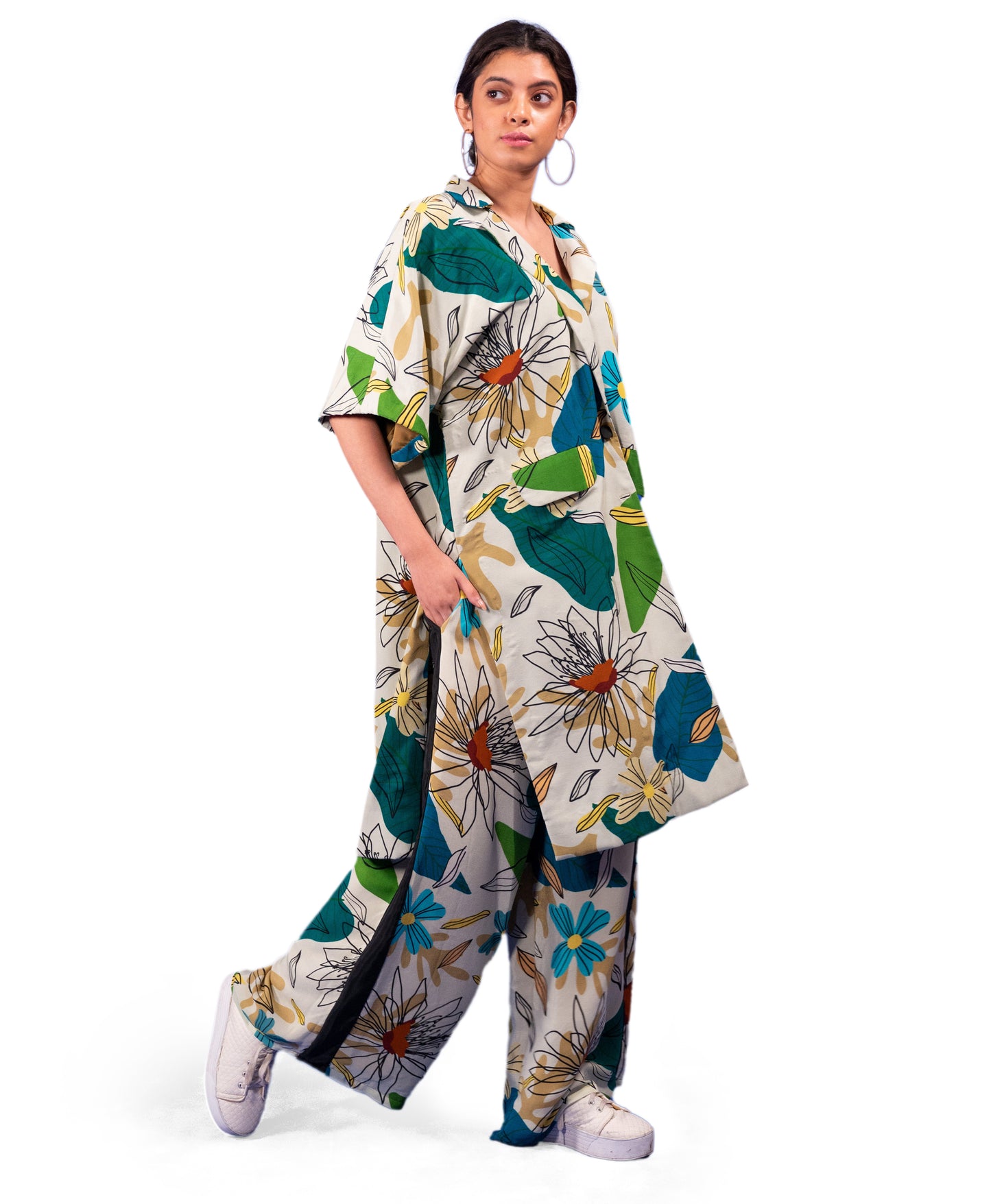 ABSTRACT GEOMETRIC FLORAL PRINTED LONG JACKET AND TROUSERS COORD SET