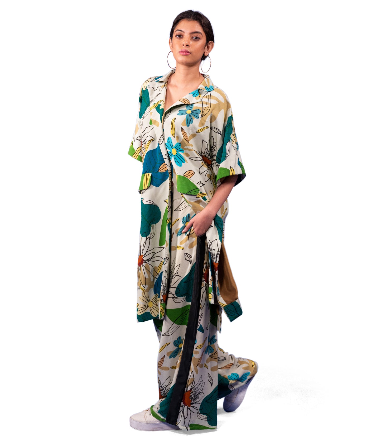 ABSTRACT GEOMETRIC FLORAL PRINTED LONG JACKET AND TROUSERS COORD SET