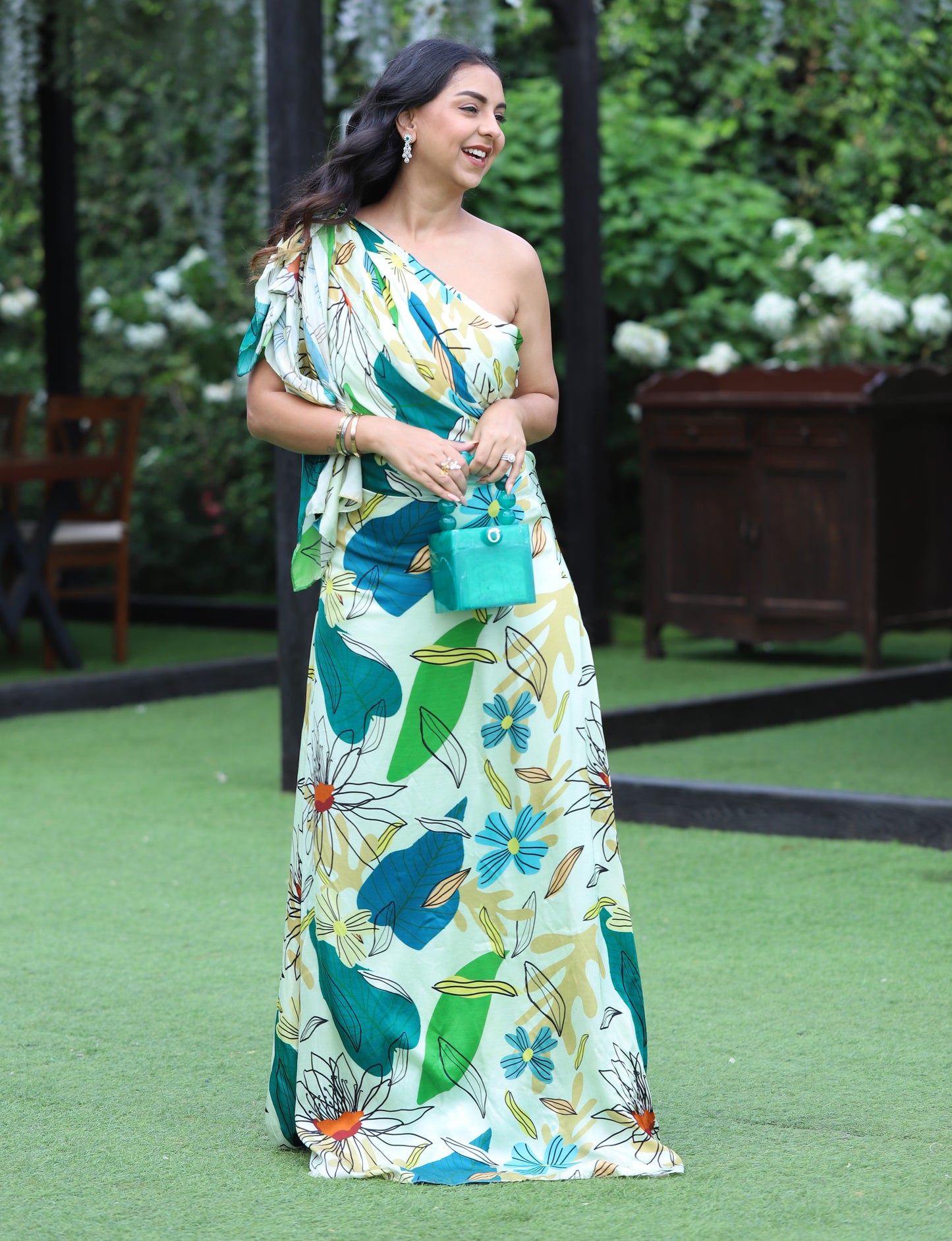 FLORAL PRINTED DRAPED LONG DRESS