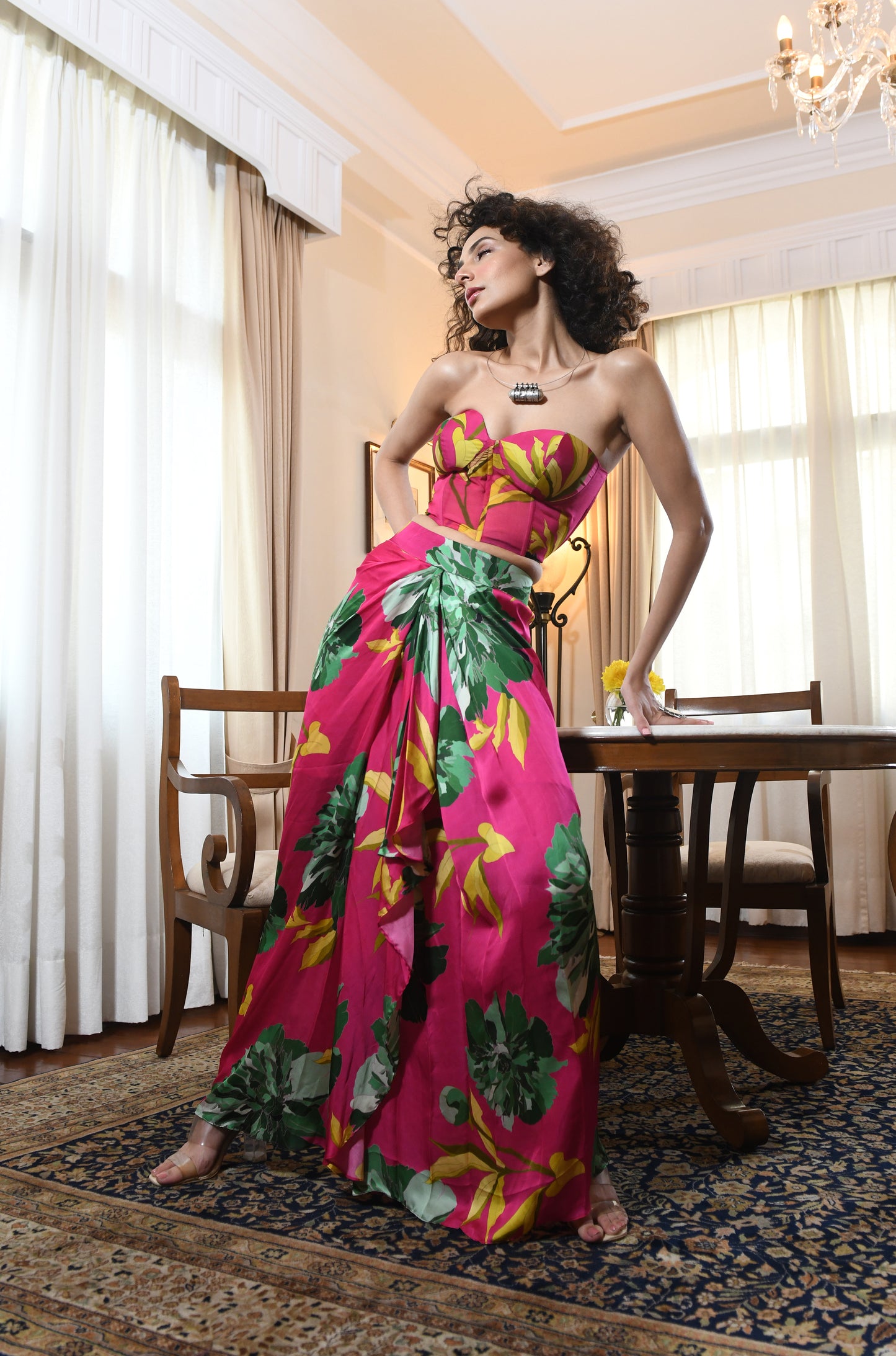 FLOWER PRINTED CORSET AND DRAPED SKIRT