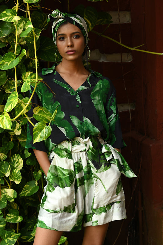 BANANA LEAF PRINTED SHORTS AND SHIRT COORD SET