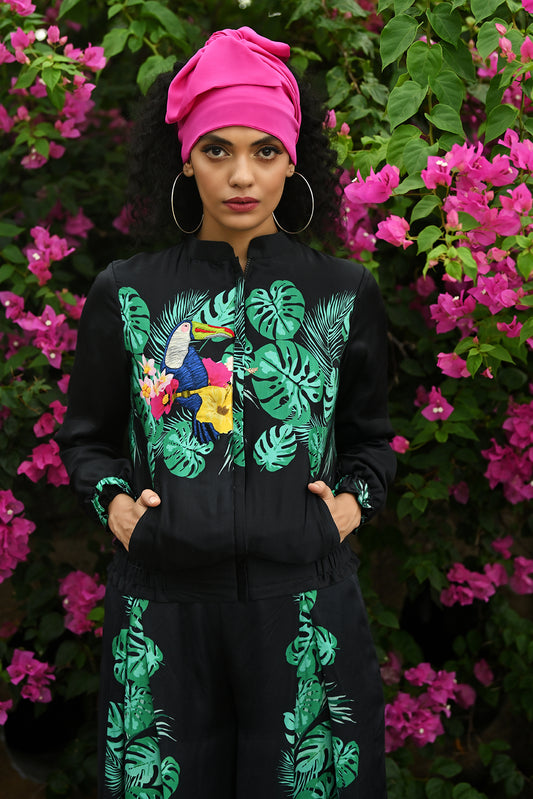 TOUCAN PRINTED BOMBER JACKET WITH EMBROIDERY HIGHLIGHT AND PRINTED TROUSERS