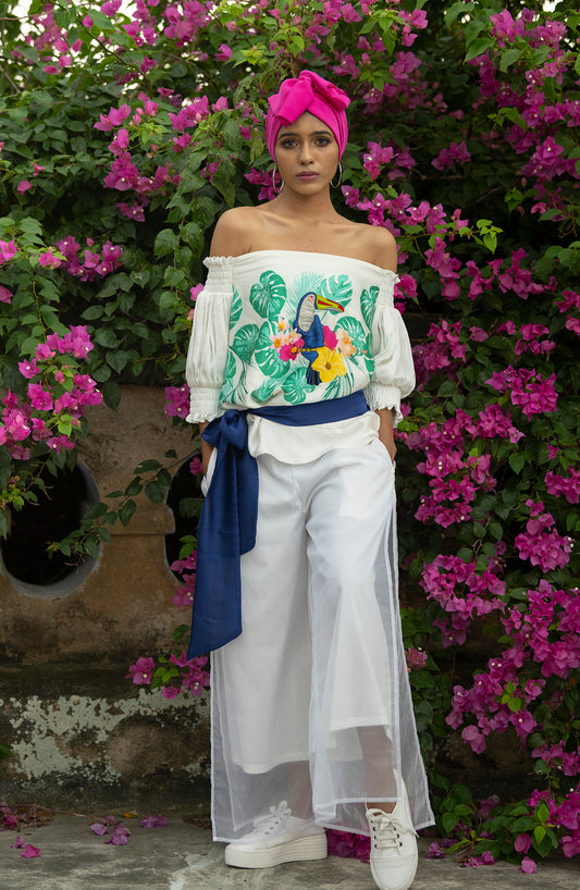 TOUCAN PRINTED EMBROIDERY HIGHLIGHTING OFFSHOULDER TOP WITH LAYERED TROUSERS