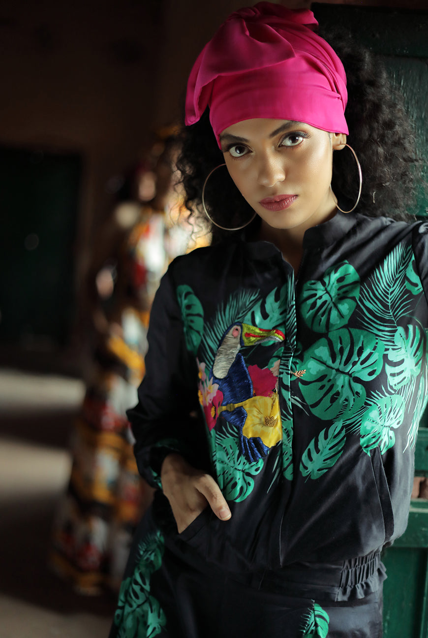 TOUCAN PRINTED BOMBER JACKET WITH EMBROIDERY HIGHLIGHT AND PRINTED TROUSERS