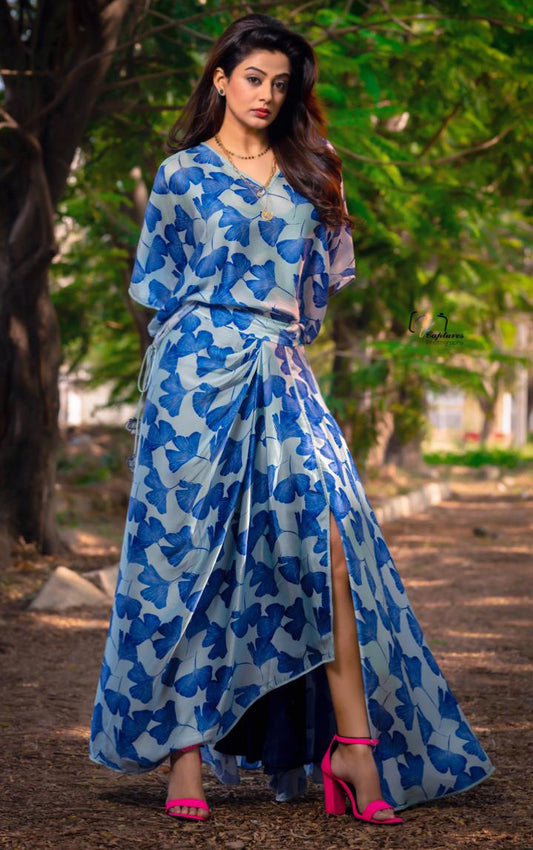 PRIYAMANI IN GINGKO LEAF PRINTED DRAPED SKIRT AND TOP