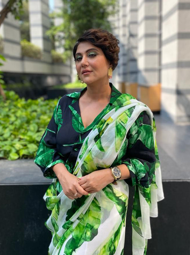 SWASTIKA MUKHERJEE IN BANANA LEAF PRINTED SAREE WITH SHIRT BLOUSE