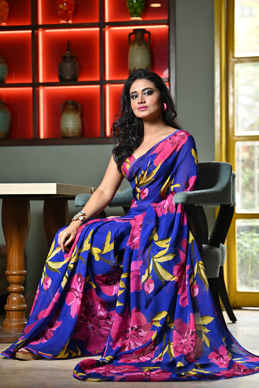 CHRYSANTHEMUM FLOWER PRINTED ORGANZA SAREE