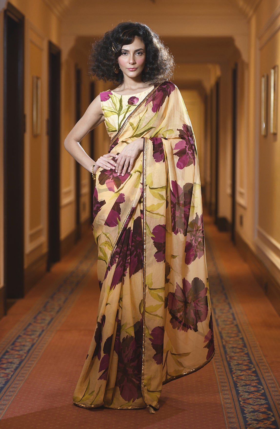 CHRYSANTHEMUM FLOWER PRINTED ORGANZA SAREE