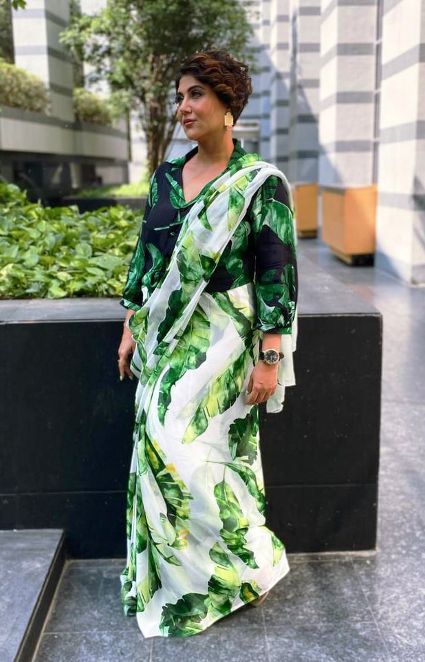 SWASTIKA MUKHERJEE IN BANANA LEAF PRINTED SAREE WITH SHIRT BLOUSE