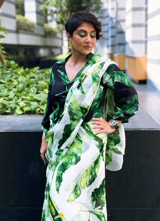 SWASTIKA MUKHERJEE IN BANANA LEAF PRINTED SAREE WITH SHIRT BLOUSE